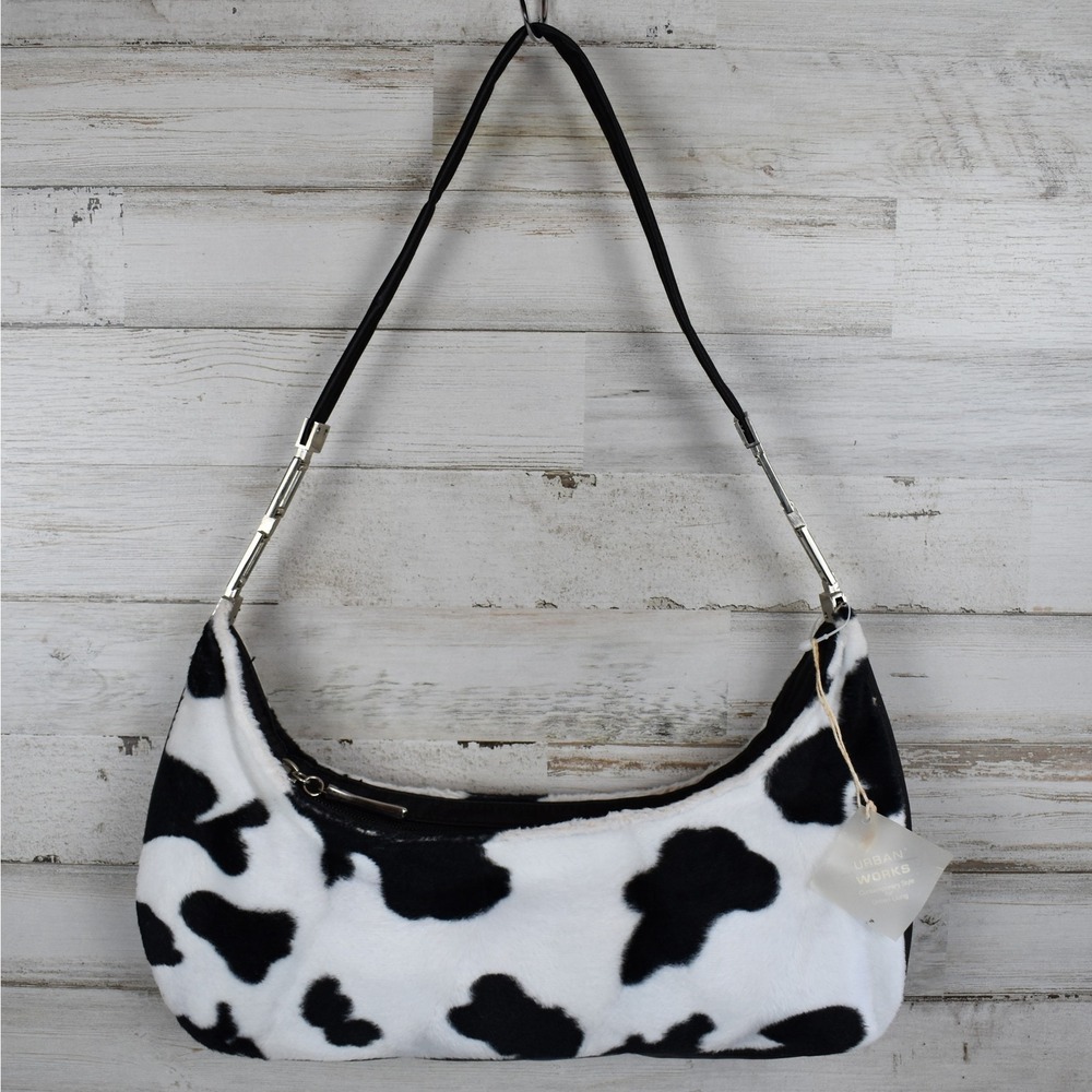 Y2K Vintage Cow Print Faux Fur Hobo Shoulder Bag Plush Black White Purse Boho